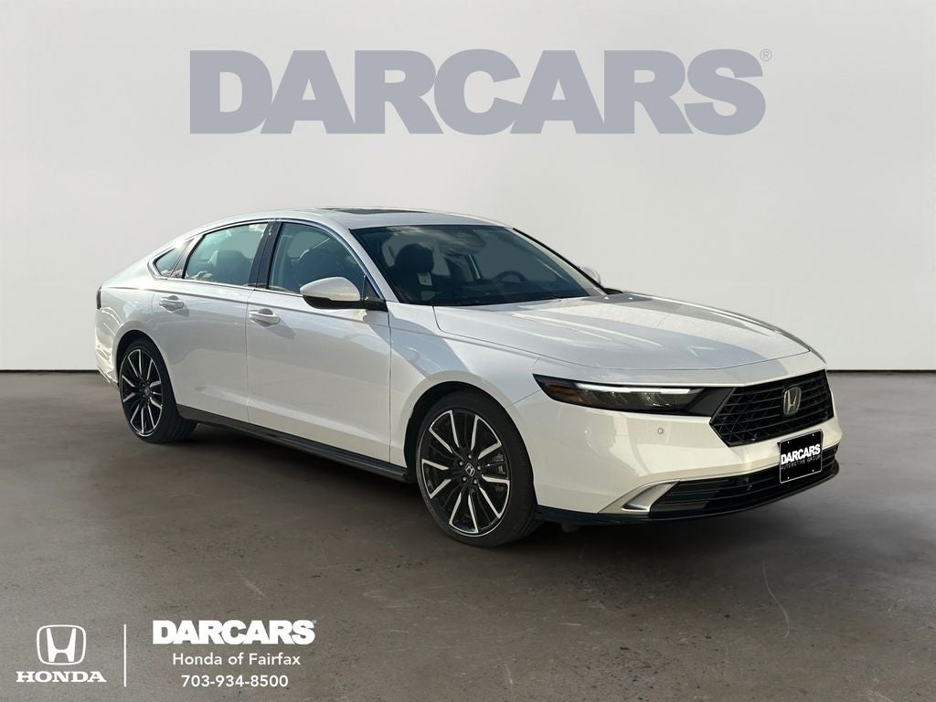 2026 Honda Accord Hybrid Touring in Platinum White Pearl — front three-quarter view